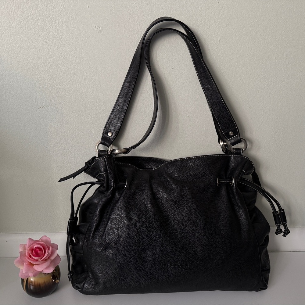 Guy Laroche Elegant Black Pebbled Leather Drawstring
Shoulder Tote Bag